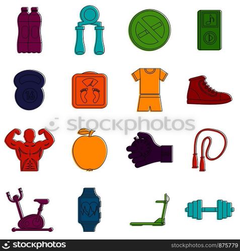 Fitness icons set. Doodle illustration of vector icons isolated on white background for any web design. Fitness icons doodle set