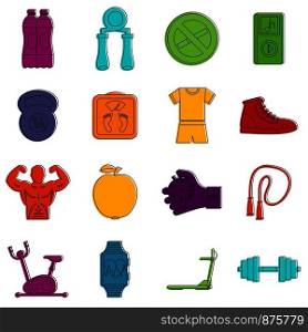 Fitness icons set. Doodle illustration of vector icons isolated on white background for any web design. Fitness icons doodle set