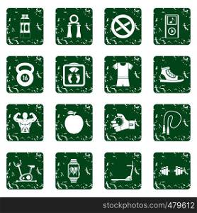 Fitness icons set in grunge style green isolated vector illustration. Fitness icons set grunge