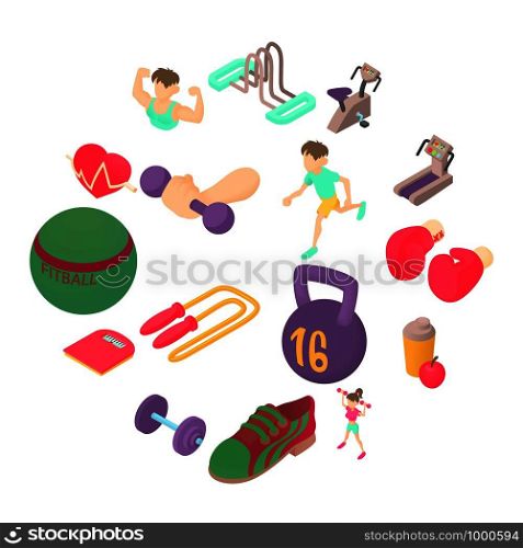 Fitness icons set in isometric 3d style. Sports equipment set collection vector illustration. Fitness icons set, isometric 3d style