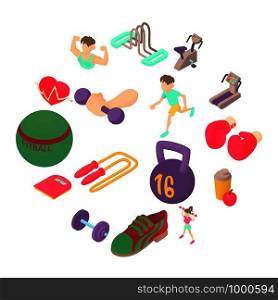 Fitness icons set in isometric 3d style. Sports equipment set collection vector illustration. Fitness icons set, isometric 3d style