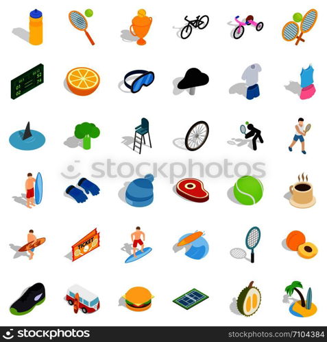 Fitness icons set. Isometric style of 36 fitness vector icons for web isolated on white background. Fitness icons set, isometric style