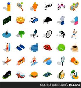 Fitness icons set. Isometric style of 36 fitness vector icons for web isolated on white background. Fitness icons set, isometric style