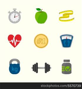 Fitness icons set of heartrate apple diet, contrast flat isolated vector illustration
