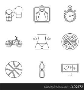 Fitness icons set. Outline illustration of 9 fitness vector icons for web. Fitness icons set, outline style