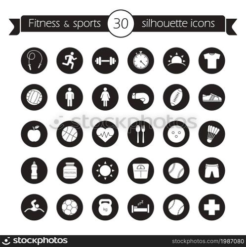 Fitness icons set. Sport and active healthy lifestyle symbols. Physical activity black circle vector illustrations isolated on white. Fitness icons set. Black