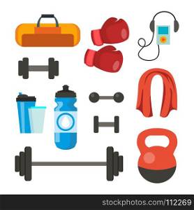 Fitness Icons Set Vector. Sport Tools Accessories. Bag, Towel, Weights, Dumbbell, Bar, Player, Boxing Gloves. Isolated Flat Cartoon Illustration. Fitness Icons Set Vector. Sport Tools Accessories. Bag, Towel, Weights, Dumbbell, Bar, Player Boxing Gloves Isolated Cartoon Illustration