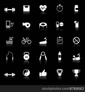 Fitness icons with reflect on black background, stock vector