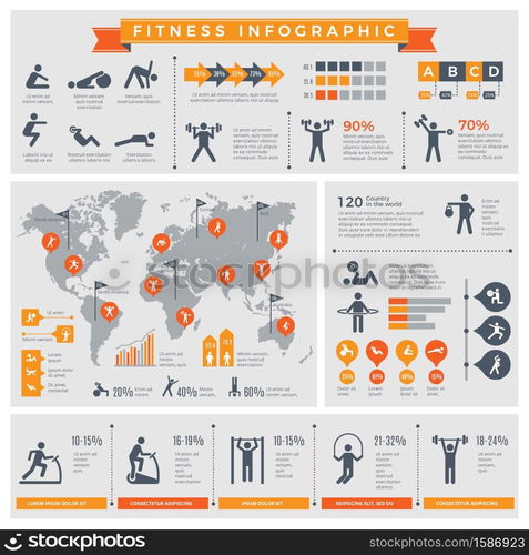 Fitness infographic. Sport lifestyle healthy people making exercises in gym or outdoor vector infographic template. Illustration of fitness and sport exercise, health activity infographic. Fitness infographic. Sport lifestyle healthy people making exercises in gym or outdoor vector infographic template