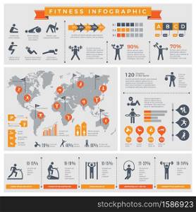 Fitness infographic. Sport lifestyle healthy people making exercises in gym or outdoor vector infographic template. Illustration of fitness and sport exercise, health activity infographic. Fitness infographic. Sport lifestyle healthy people making exercises in gym or outdoor vector infographic template