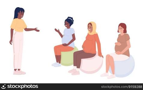 Fitness instructor with pregnant women on exercise balls semi flat color vector characters. Editable full body people on white. Simple cartoon style spot illustration for web graphic design, animation. Fitness instructor with pregnant women on exercise balls semi flat color vector characters