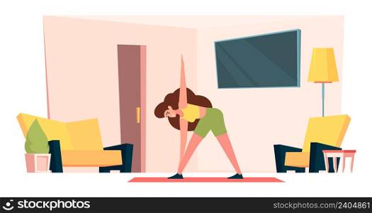 Fitness interior. Active people making sport gymnastic stretch exercises in living room interior garish vector flat background illustration. Fitness exercise training, interior home for sport. Fitness interior. Active people making sport gymnastic stretch exercises in living room interior garish vector flat background illustration
