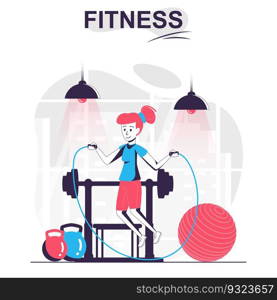 Fitness isolated cartoon concept. Woman jumping rope and exercising in gym, sports workout people scene in flat design. Vector illustration for blogging, website, mobile app, promotional materials.