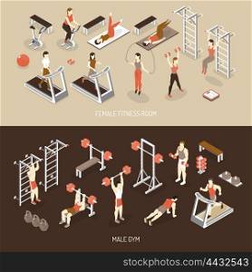 Fitness Isometric Horizontal Banners. Fitness isometric horizontal banners with female training room male gym scales ladder weight dumbbells isolated vector illustration
