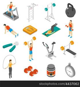 Fitness Isometric Icons Set . Fitness physical activities supplements and exercises for men and women isometric icons collection abstract isolated vector illustration