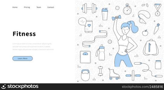 Fitness landing page in doodle style, woman exercising with dumbbells, healthy lifestyle, sport, weight loss and workout recreation in gym. Fit girl, gadgets for sports life, Linear vector web banner. Fitness landing in doodle style, woman exercise