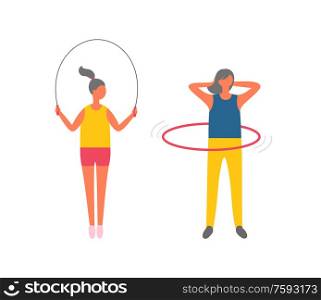 Fitness lifestyle vector, gymnastics activities flat style. People with jumping rope and gymnastic hoop, sportive females, training and working out. Woman Doing Exercises, Fitness Activities Set