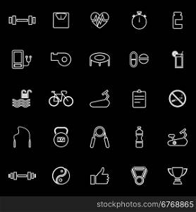 Fitness line icons on black background, stock vector