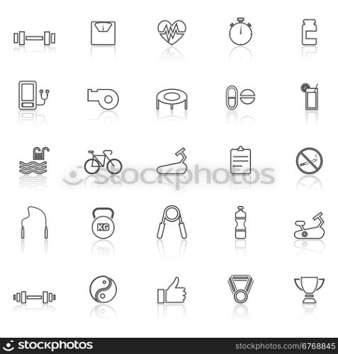 Fitness line icons with reflect on white background, stock vector