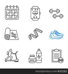 Fitness linear icons set. Thin line contour symbols. Calendar, sport bracelet, dumbbells, yoga mat, measuring tape, sneakers, treadmill, bcaa, exercise guide. Isolated vector outline illustrations. Fitness linear icons set