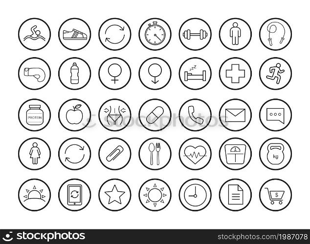 Fitness linear icons set. Vector clip art illustrations isolated on white . Fitness linear icons set