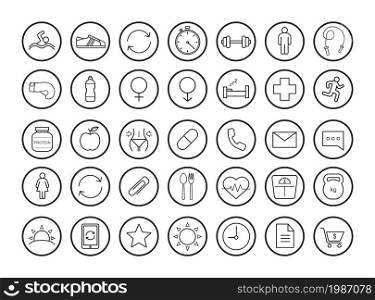 Fitness linear icons set. Vector clip art illustrations isolated on white . Fitness linear icons set