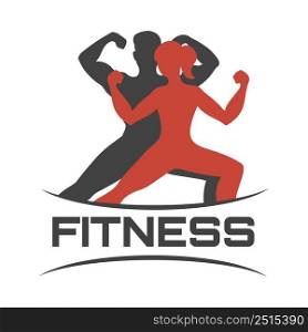 Fitness Logo or emblem with Posing man and woman bodybuilders. Vector illustration.