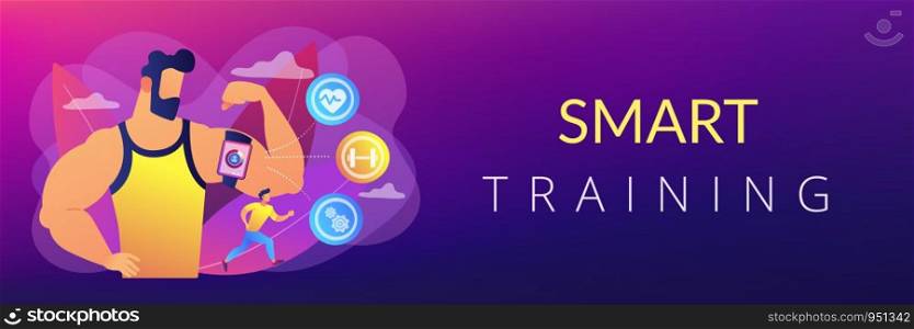 Fitness man doing workout with smart digital gadget for keeping fit exercises. Smart training, smart training tools, new gym technology concept. Header or footer banner template with copy space.. Smart training concept banner header.