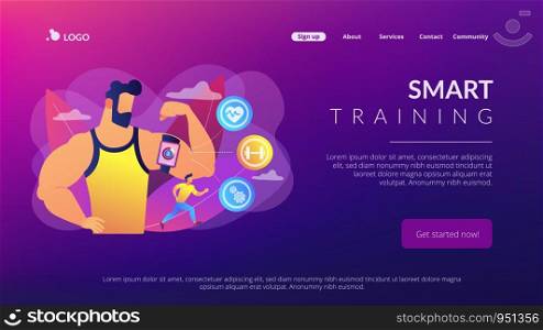 Fitness man doing workout with smart digital gadget for keeping fit exercises. Smart training, smart training tools, new gym technology concept. Website vibrant violet landing web page template.. Smart training concept landing page.