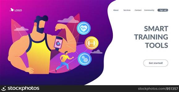 Fitness man doing workout with smart digital gadget for keeping fit exercises. Smart training, smart training tools, new gym technology concept. Website vibrant violet landing web page template.. Smart training concept landing page.