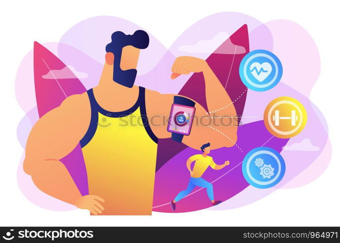 Fitness man doing workout with smart digital gadget for keeping fit exercises. Smart training, smart training tools, new gym technology concept. Bright vibrant violet vector isolated illustration. Smart training concept vector illustration.