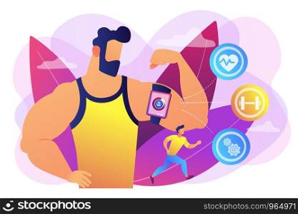Fitness man doing workout with smart digital gadget for keeping fit exercises. Smart training, smart training tools, new gym technology concept. Bright vibrant violet vector isolated illustration. Smart training concept vector illustration.