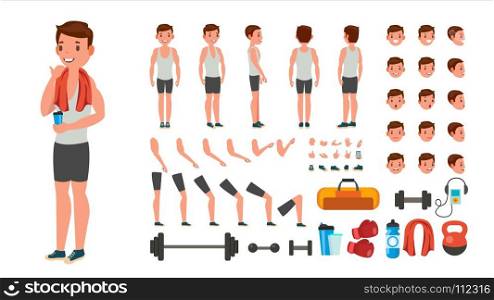 Fitness Man Vector. Animated Athlete Character Creation Set. Full Length, Front, Side, Back View, Accessories, Poses, Face Emotions, Various Hairstyles, Gestures. Isolated Flat Cartoon Illustration. Fitness Man Vector. Animated Athlete Character Creation Set. Full Length, Front, Side, Back View, Accessories, Poses, Face Emotions, Various Hairstyles Gestures Isolated Cartoon Illustration