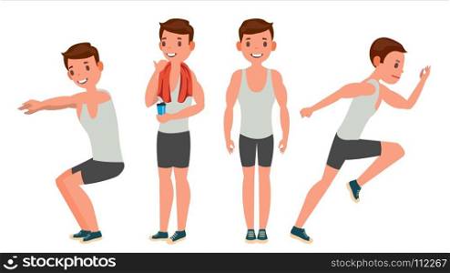 Fitness Man Vector. Different Poses. Variety Of Sport Movements. Cartoon Character Illustration. Fitness Man Vector. Different Poses. Lifestyle Design. Exercise And Athlete. Isolated Flat Cartoon Character Illustration