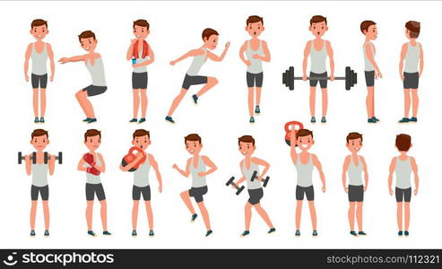 Fitness Man Vector. Different Poses. Weight Training. Exercising Male. Man Figures Is Training On Sport Club. Isolated On White Cartoon Character Illustration. Fitness Man Vector. Different Poses. Lifestyle Design. Exercise And Athlete. Isolated Flat Cartoon Character Illustration