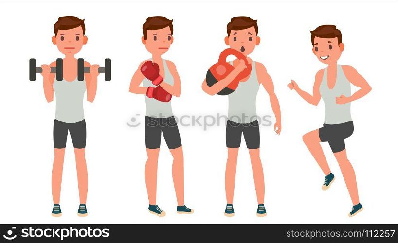 Fitness Man Vector. Different Poses. Work Out. Active Fitness. Flat Cartoon Illustration. Fitness Man Vector. Different Poses. Variety Of Sport Movements. Cartoon Character Illustration