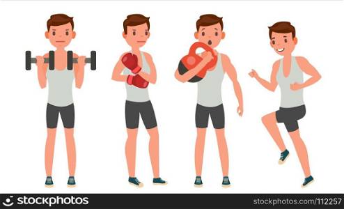 Fitness Man Vector. Different Poses. Work Out. Active Fitness. Flat Cartoon Illustration. Fitness Man Vector. Different Poses. Variety Of Sport Movements. Cartoon Character Illustration