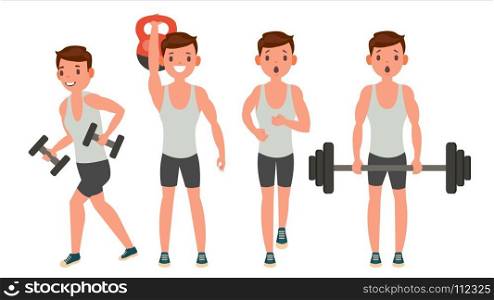 Fitness Man Vector. Different Poses. Work Out. Active Fitness. Flat Cartoon Illustration. Fitness Man Vector. Different Poses. Weight Training. Exercising Male. Man Figures Is Training On Sport Club. Isolated On White Cartoon Character Illustration
