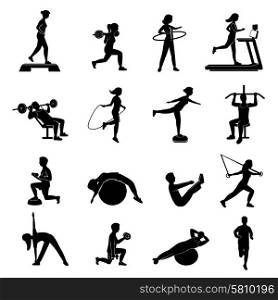 Fitness men women blackicons set. Fitness cardio workout and body shaping exercise with aerobic equipment black icons set abstract isolated vector illustration