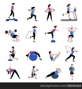 Fitness men women flat icons set. Fitness cardio exercise and equipment for men women two tints flat icons collections abstract isolated vector illustration