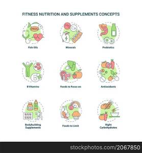 Fitness nutrition and supplements concept icons set. Products for sportive life idea thin line color illustrations. Isolated outline drawings. Roboto-Medium, Myriad Pro-Bold fonts used. Fitness nutrition and supplements concept icons set