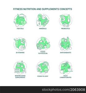 Fitness nutrition and supplements green concept icons set. Products for fit lifestyle idea thin line color illustrations. Isolated outline drawings. Roboto-Medium, Myriad Pro-Bold fonts used. Fitness nutrition and supplements green concept icons set
