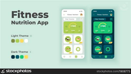 Fitness nutrition app cartoon smartphone interface vector templates set. Mobile app screen page day and dark mode design. Daily meals management. Dietary planner UI for application. Phone display. Fitness nutrition app cartoon smartphone interface vector templates set