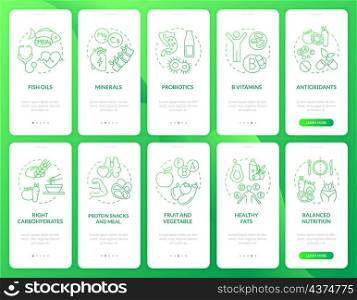 Fitness nutrition green gradient onboarding mobile app screen set. Life walkthrough 5 steps graphic instructions pages with linear concepts. UI, UX, GUI template. Myriad Pro-Bold, Regular fonts used. Fitness nutrition green gradient onboarding mobile app screen set