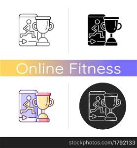 Fitness online challenge icon. Virtual corporate and private wellness initiatives. Team skills elevation. Social competition. Linear black and RGB color styles. Isolated vector illustrations. Fitness online challenge icon.