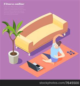 Fitness online isometric background with woman doing yoga exercise on laptop vector illustration