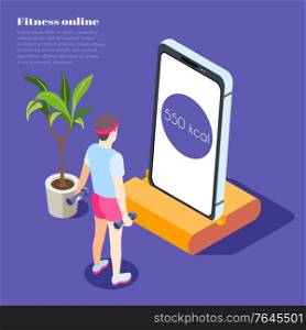 Fitness online isometric background with young man holding dumbbells and looking at smartphone screen with sport app vector illustration