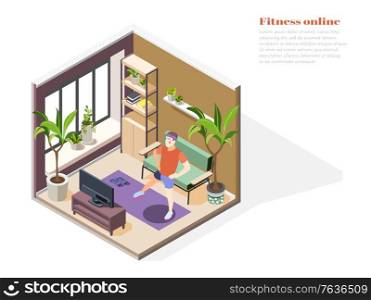 Fitness online isometric composition with man practicing sport exercises together with fitness instructor on TV screen vector illustration