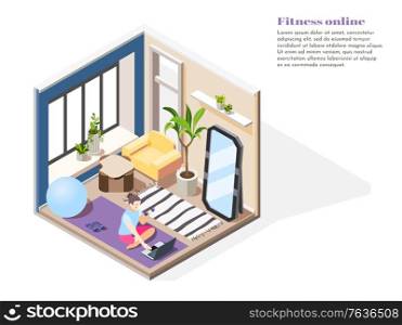 Fitness online isometric composition with woman doing sport exercises on laptop at home vector illustration