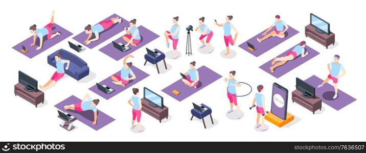 Fitness online isometric icons set of people with sport inventory doing physical exercises used TV or laptop vector illustration